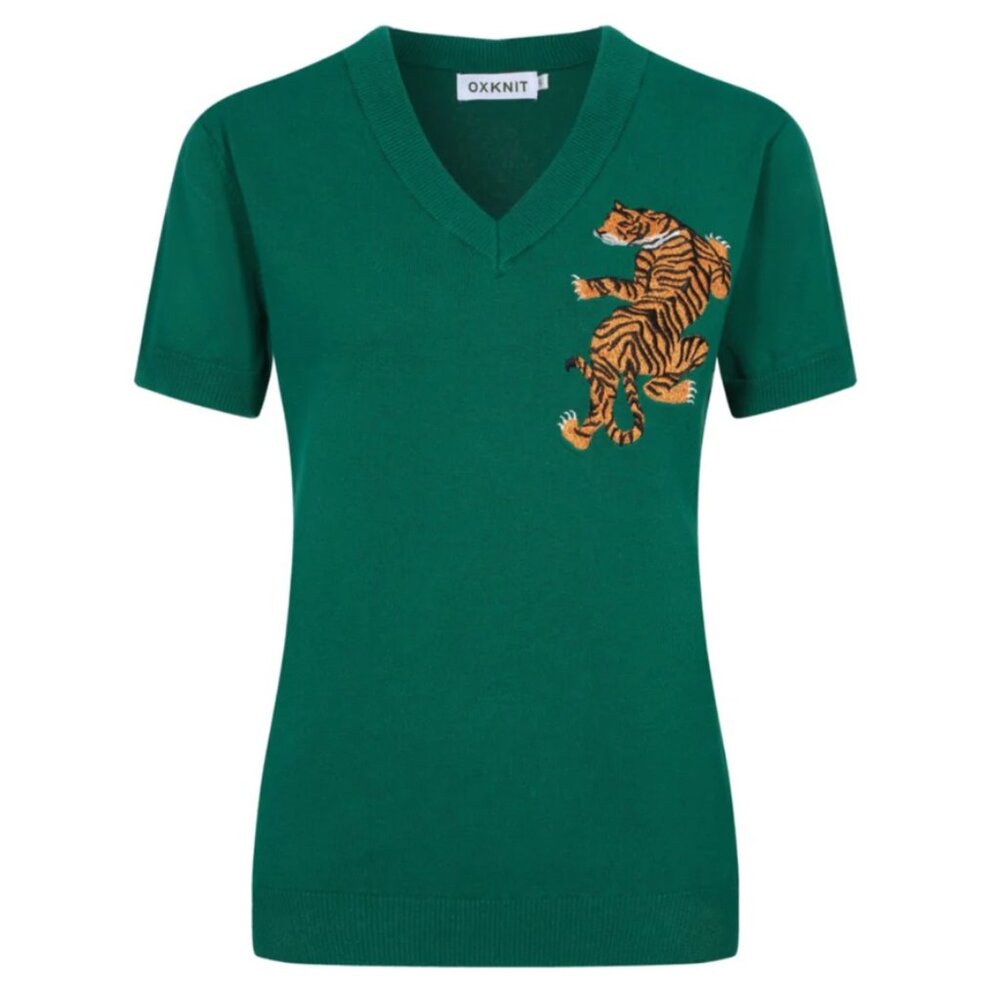 NWT OXKNIT 3X Vintage Inspired Women's Knit V-Neck Top with Embroidered Tiger